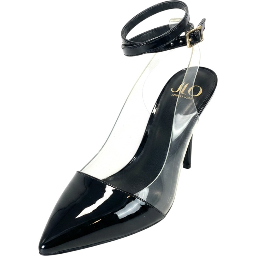 JLO Jennifer Lopez Black Patent Clear PVC Ankle Strap Pointed Toe Pumps 6.5M